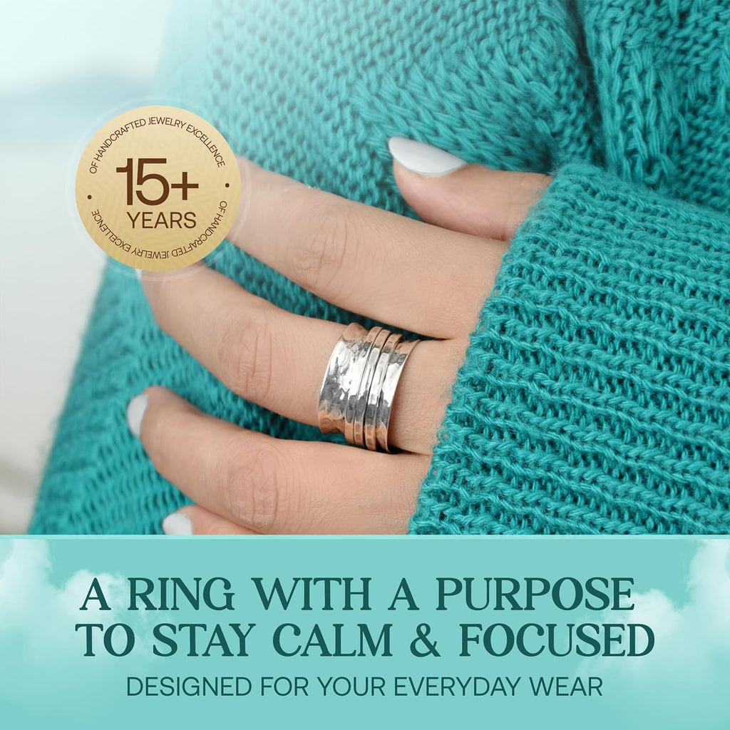 Boho-Magic Sterling Silver Fidget Rings for Women – 925 Spinner Ring with 3 Fidget – Hammered Sterling Silver Spinner Ring for Women – for Style, Relaxation & Focus