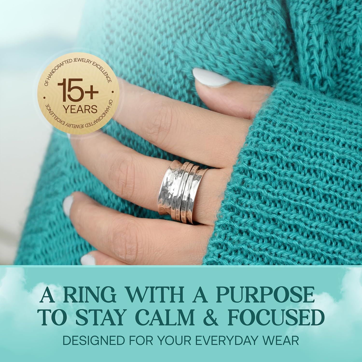 Boho-Magic Sterling Silver Fidget Rings for Women – 925 Spinner Ring with 3 Fidget – Hammered Sterling Silver Spinner Ring for Women – for Style, Relaxation & Focus