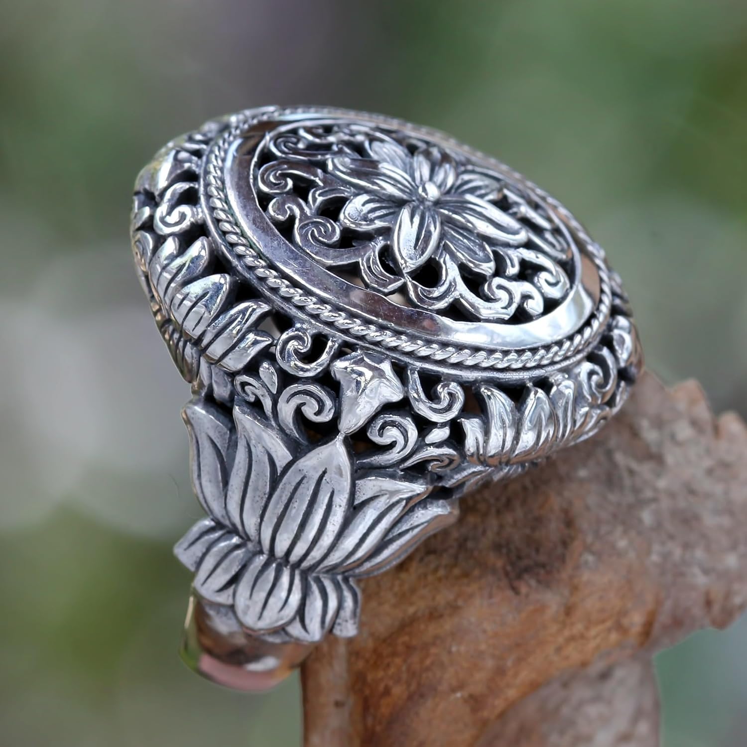 NOVICA Artisan Handmade .925 Sterling Silver Flower Ring Floral Cocktail Indonesia 'Precious Lotus'