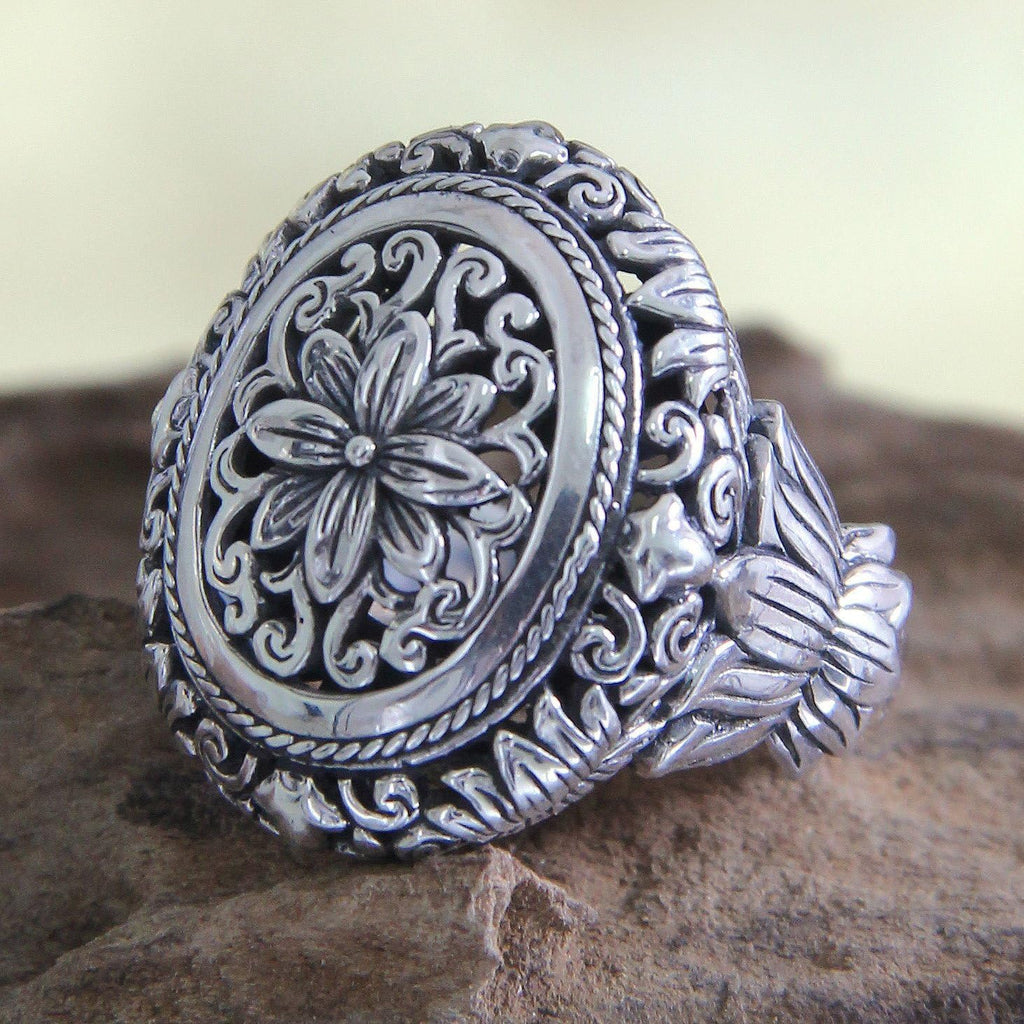 NOVICA Artisan Handmade .925 Sterling Silver Flower Ring Floral Cocktail Indonesia 'Precious Lotus'