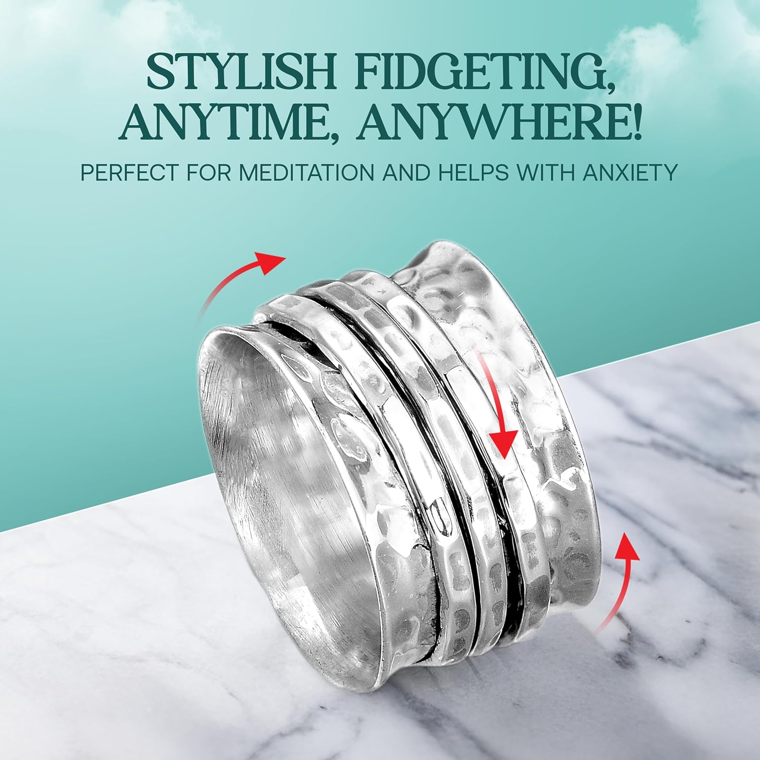 Boho-Magic Sterling Silver Fidget Rings for Women – 925 Spinner Ring with 3 Fidget – Hammered Sterling Silver Spinner Ring for Women – for Style, Relaxation & Focus
