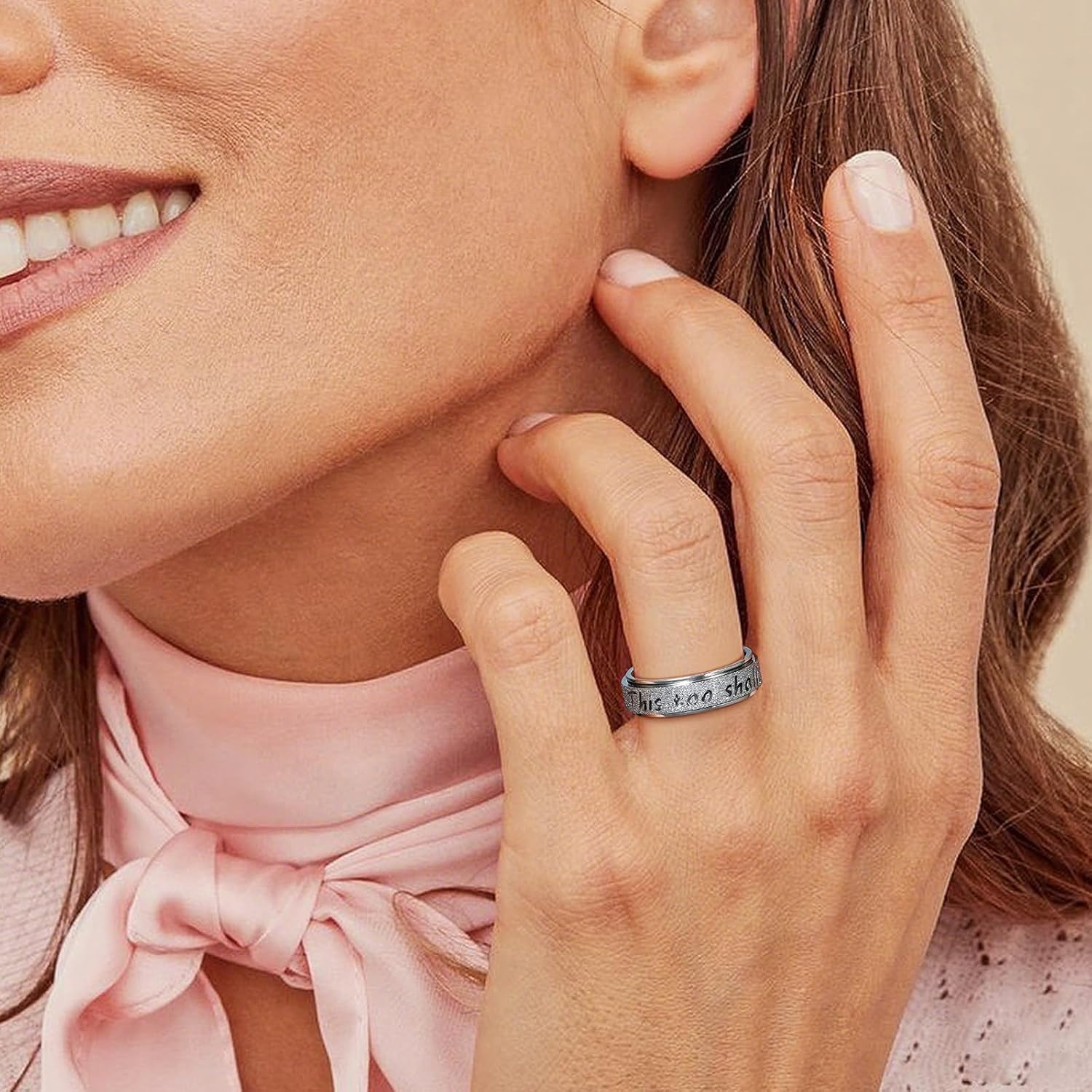 Fidget Spinner Ring for Women - THIS TOO SHALL PASS Stainless Steel 18K Gold Plated Anxiety Rotating Inspirational Ring for Stress Relief, Thumb Hope Rings Jewelry Gift for Women Men