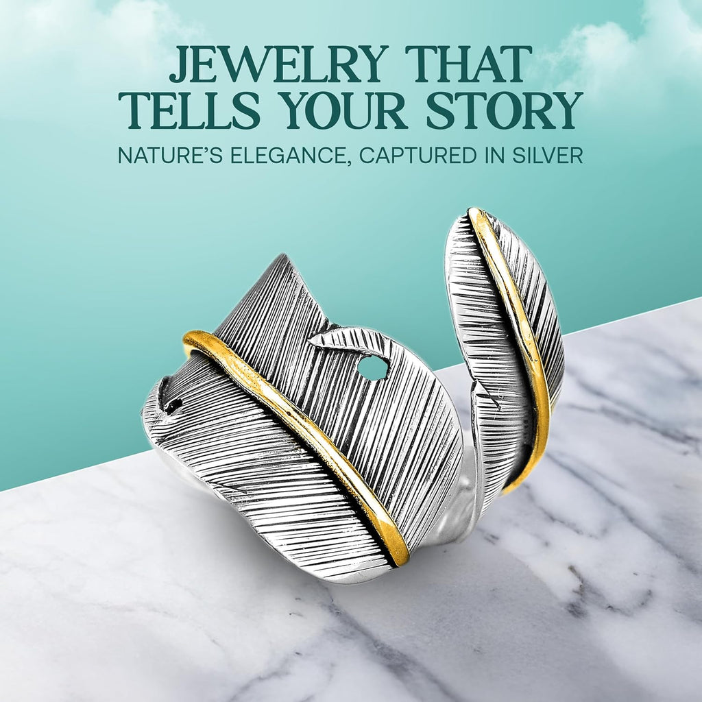 Boho-Magic 925 Sterling Silver and Brass Feather Ring for Women – Adjustable Nature-Inspired Leaf Wrap, Handmade Two-Tone Wide Band Statement Ring – Fits Sizes 7 to 10 – Modern Jewelry