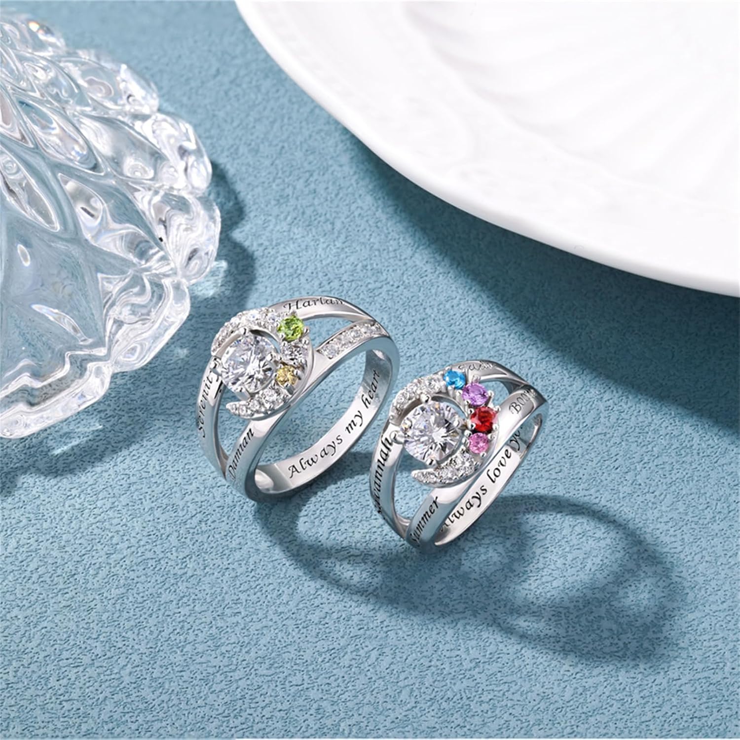 Sterling Silver Ring Personalized Mother Ring Birthstone Ring for Women with Name Customized 925 Silver Rings Mother's Day Gift for Mom