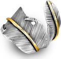 Boho-Magic 925 Sterling Silver and Brass Feather Ring for Women – Adjustable Nature-Inspired Leaf Wrap, Handmade Two-Tone Wide Band Statement Ring – Fits Sizes 7 to 10 – Modern Jewelry