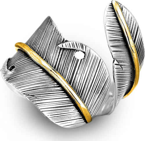 Boho-Magic 925 Sterling Silver and Brass Feather Ring for Women – Adjustable Nature-Inspired Leaf Wrap, Handmade Two-Tone Wide Band Statement Ring – Fits Sizes 7 to 10 – Modern Jewelry