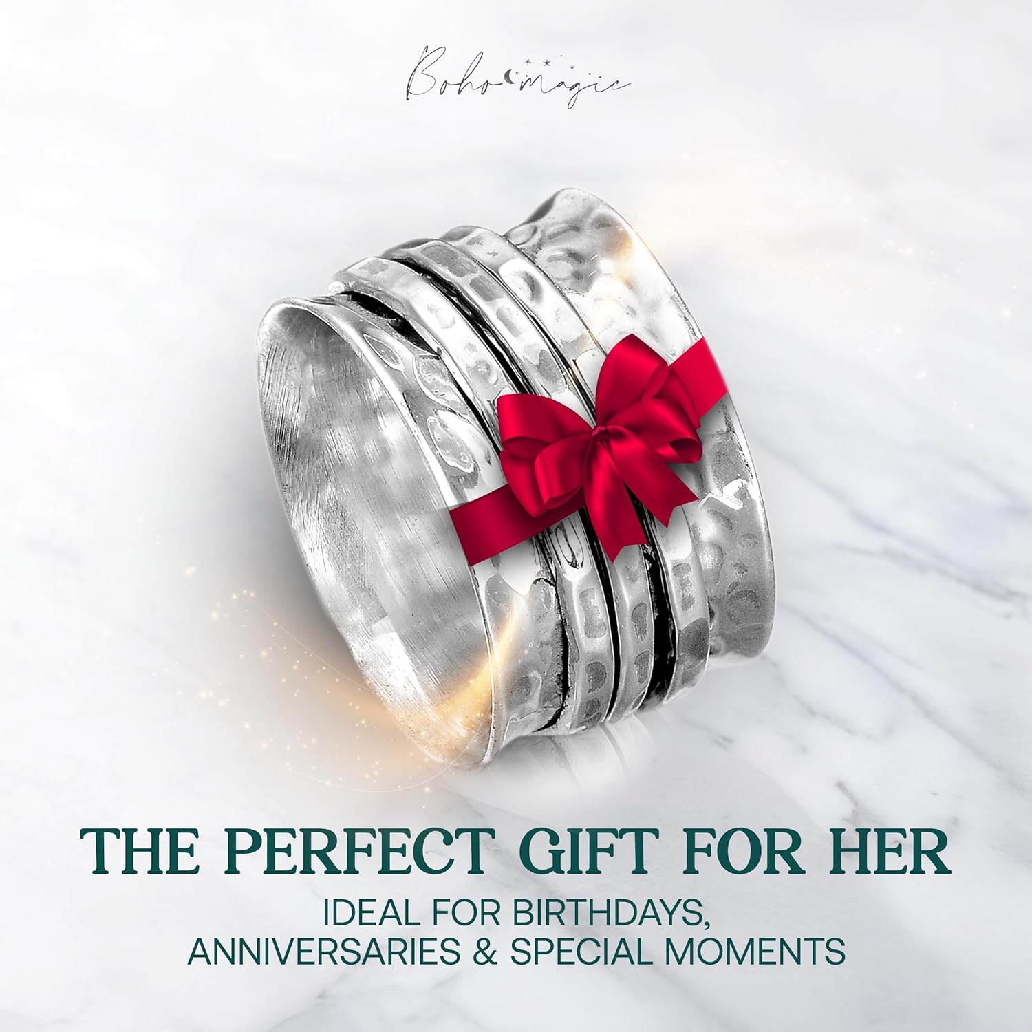 Boho-Magic Sterling Silver Fidget Rings for Women – 925 Spinner Ring with 3 Fidget – Hammered Sterling Silver Spinner Ring for Women – for Style, Relaxation & Focus