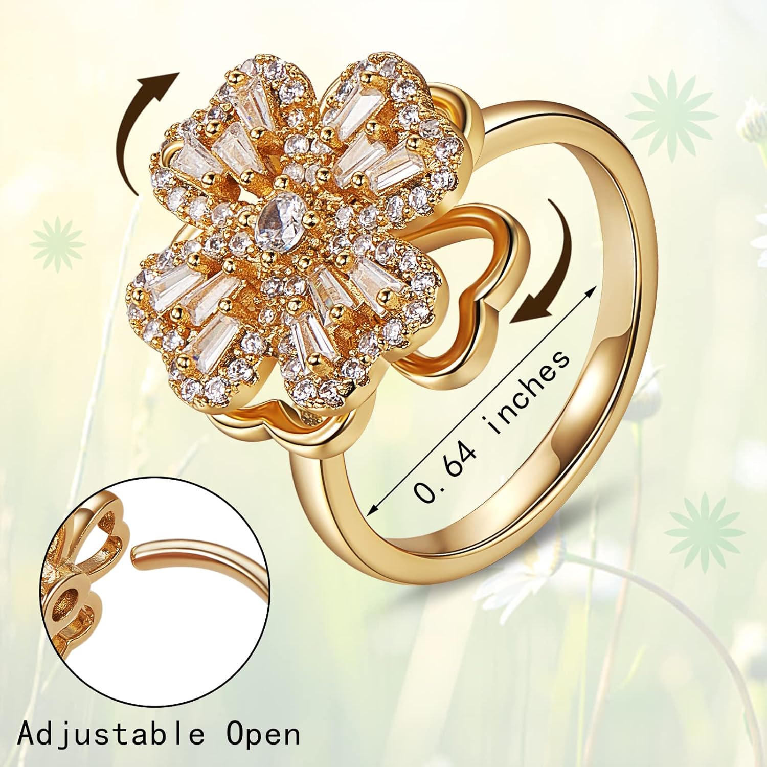 Ornaland Fidget Spinner Rings Adjustable Open Four Leaf Clover Ring Gold Cubic Zirconia Ring, Rotatable Cuff Pinwheel Ring for Women, 16.3mm