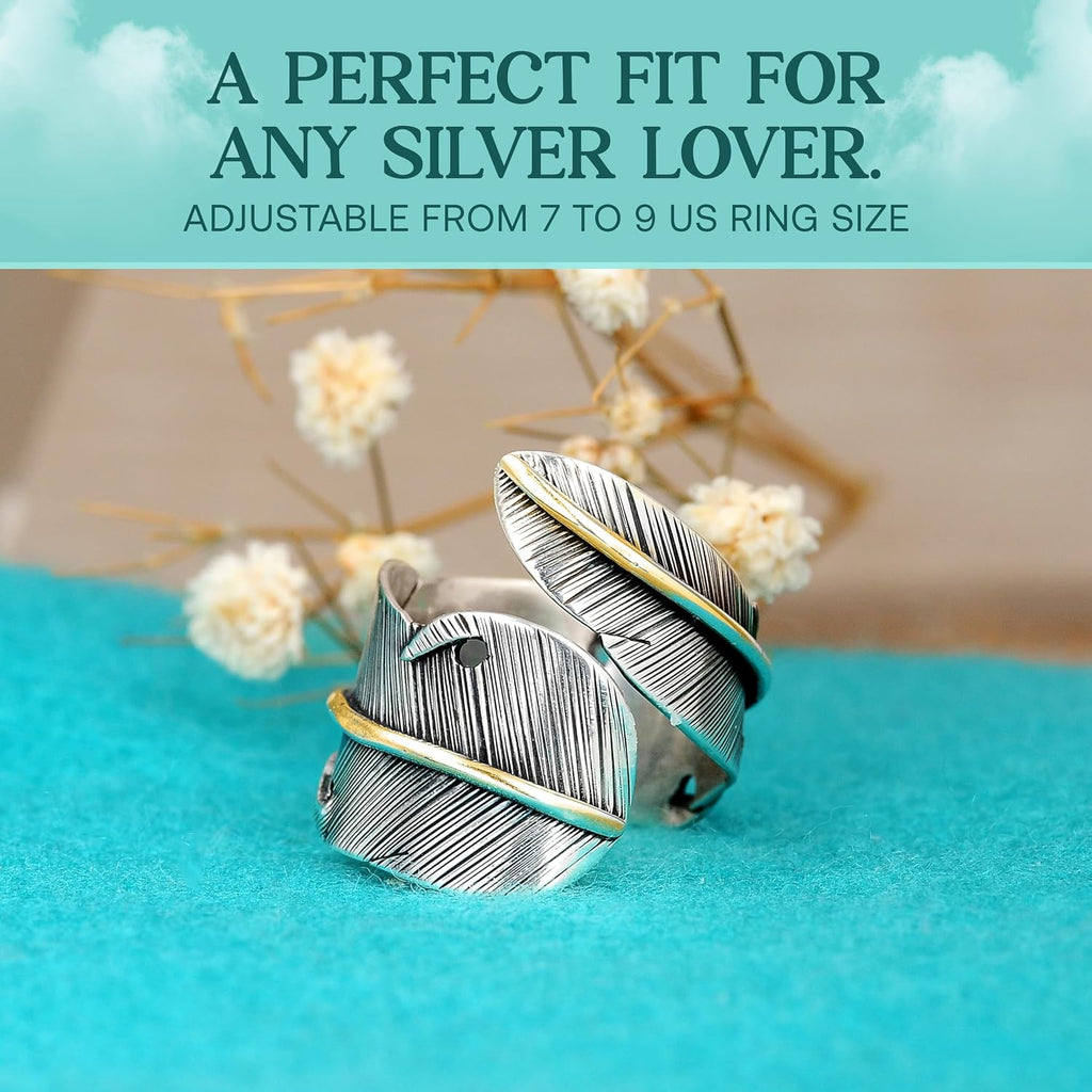 Boho-Magic 925 Sterling Silver and Brass Feather Ring for Women – Adjustable Nature-Inspired Leaf Wrap, Handmade Two-Tone Wide Band Statement Ring – Fits Sizes 7 to 10 – Modern Jewelry
