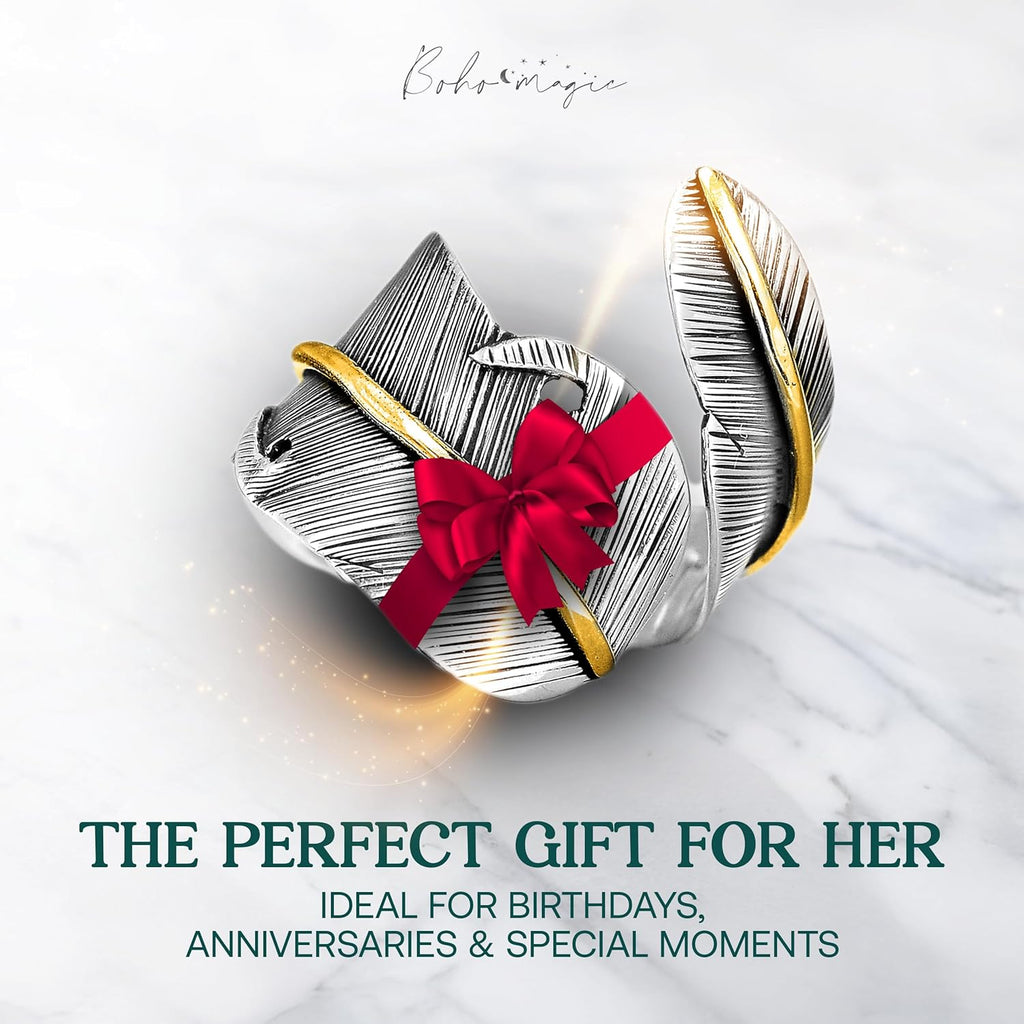 Boho-Magic 925 Sterling Silver and Brass Feather Ring for Women – Adjustable Nature-Inspired Leaf Wrap, Handmade Two-Tone Wide Band Statement Ring – Fits Sizes 7 to 10 – Modern Jewelry