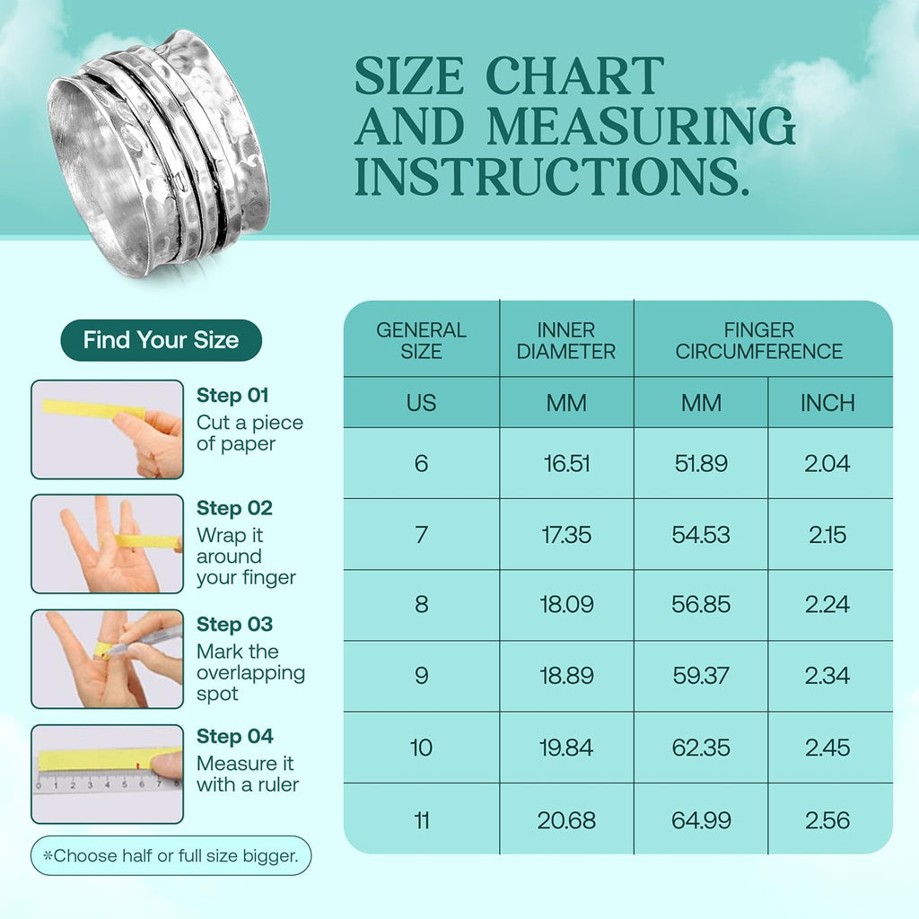 Boho-Magic Sterling Silver Fidget Rings for Women – 925 Spinner Ring with 3 Fidget – Hammered Sterling Silver Spinner Ring for Women – for Style, Relaxation & Focus