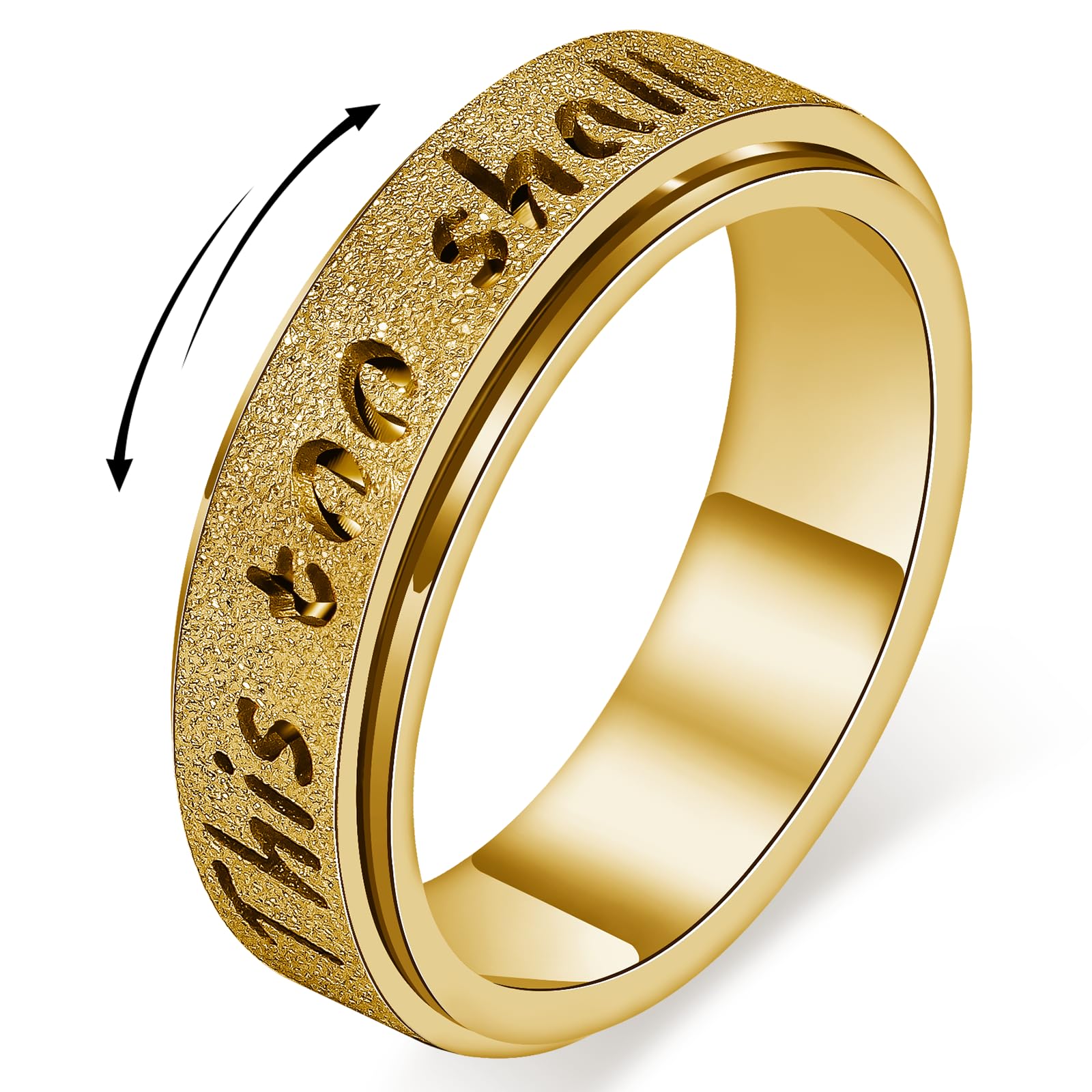 Fidget Spinner Ring for Women - THIS TOO SHALL PASS Stainless Steel 18K Gold Plated Anxiety Rotating Inspirational Ring for Stress Relief, Thumb Hope Rings Jewelry Gift for Women Men