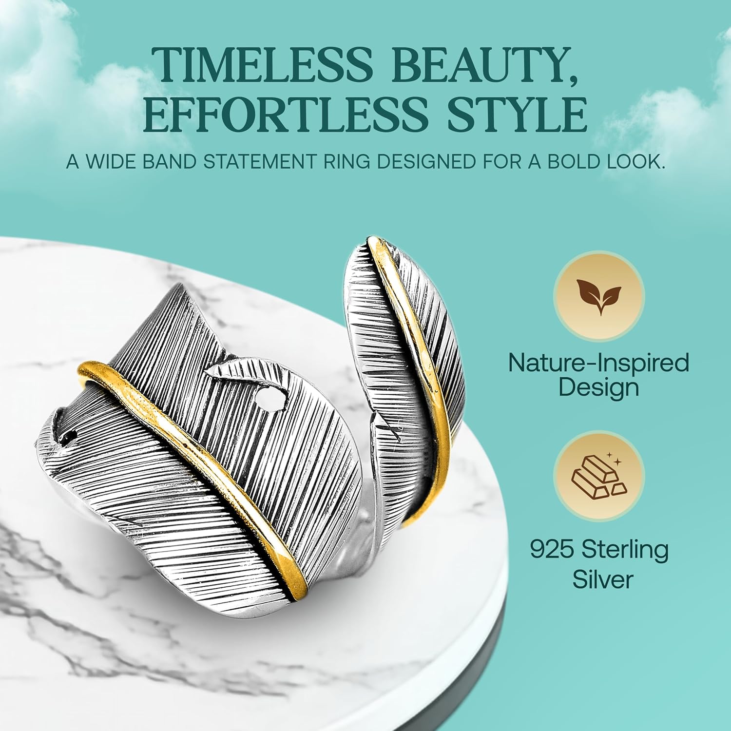 Boho-Magic 925 Sterling Silver and Brass Feather Ring for Women – Adjustable Nature-Inspired Leaf Wrap, Handmade Two-Tone Wide Band Statement Ring – Fits Sizes 7 to 10 – Modern Jewelry