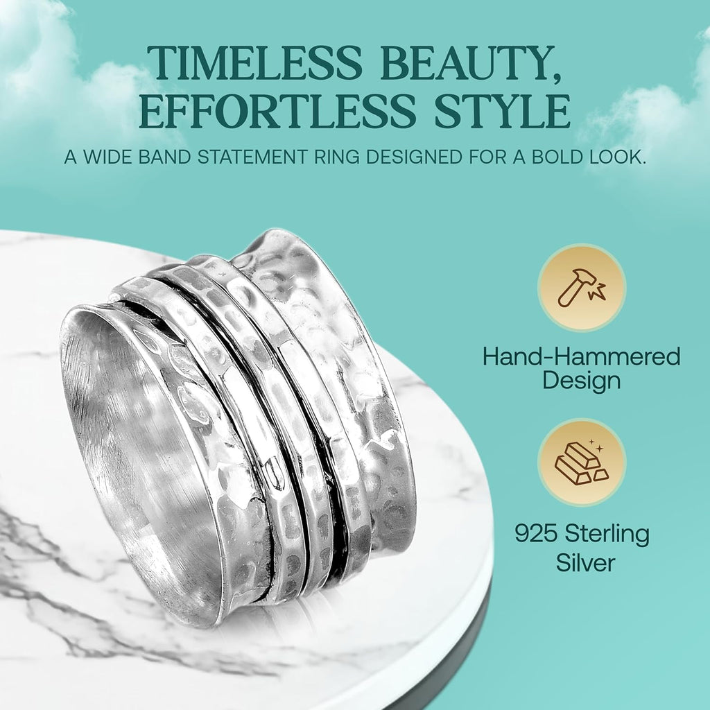 Boho-Magic Sterling Silver Fidget Rings for Women – 925 Spinner Ring with 3 Fidget – Hammered Sterling Silver Spinner Ring for Women – for Style, Relaxation & Focus
