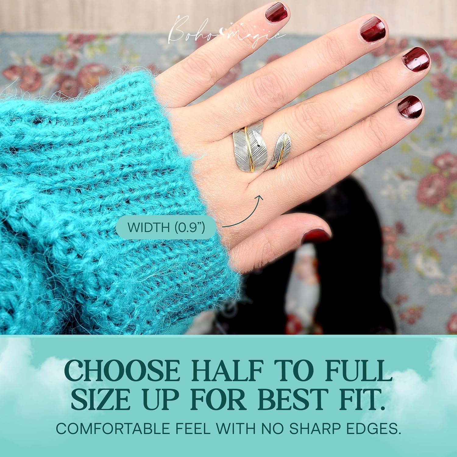 Boho-Magic 925 Sterling Silver and Brass Feather Ring for Women – Adjustable Nature-Inspired Leaf Wrap, Handmade Two-Tone Wide Band Statement Ring – Fits Sizes 7 to 10 – Modern Jewelry